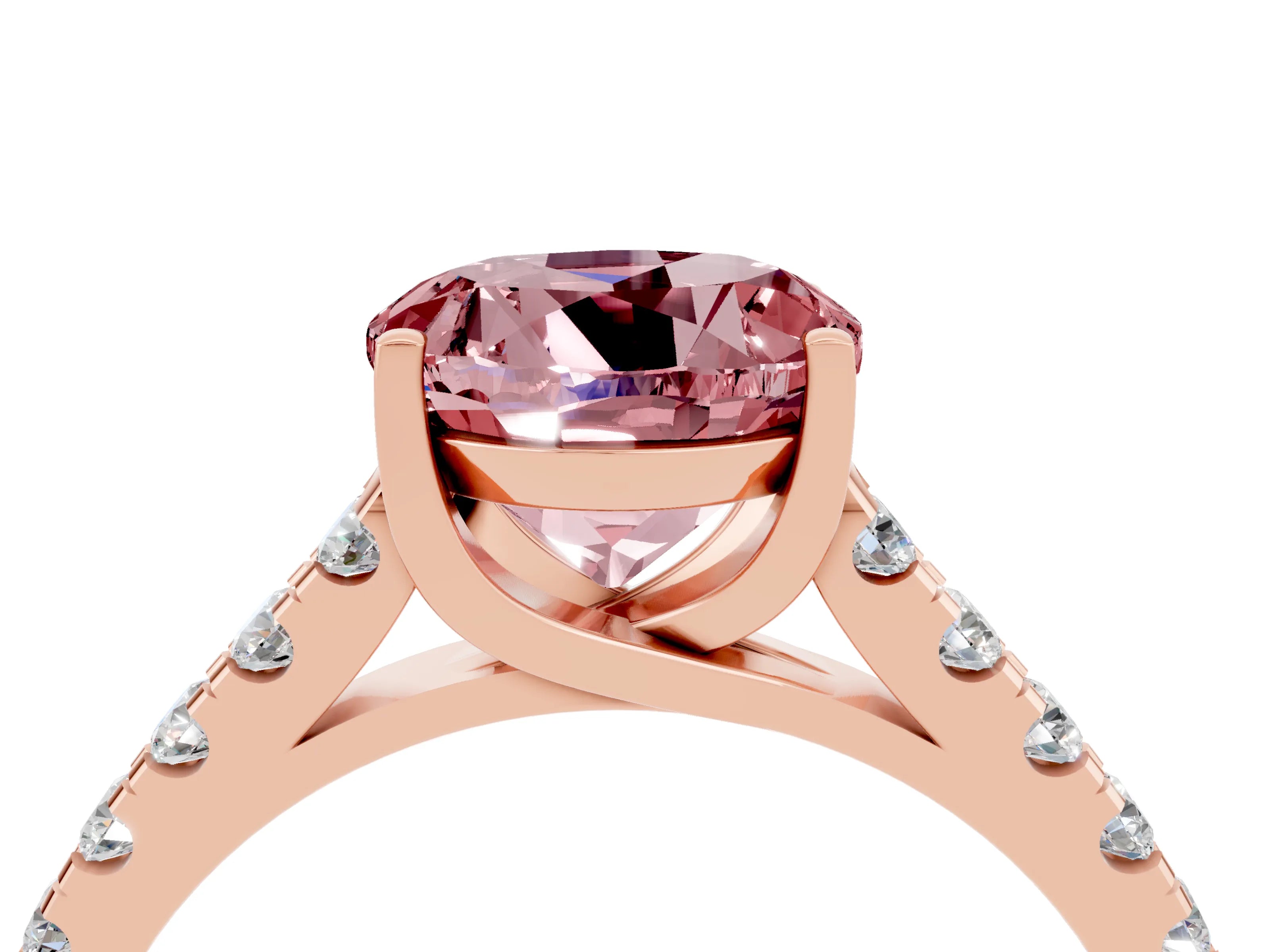 Rose gold {shape_name} Morganite Solitaire Ring with Pavé Band and Four-Prong Setting_4
