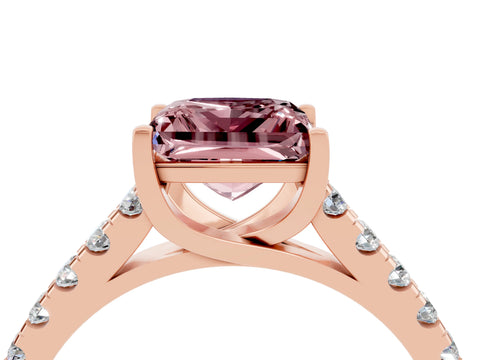 Rose gold {shape_name} Morganite Solitaire Ring with Pavé Band and Four-Prong Setting_4