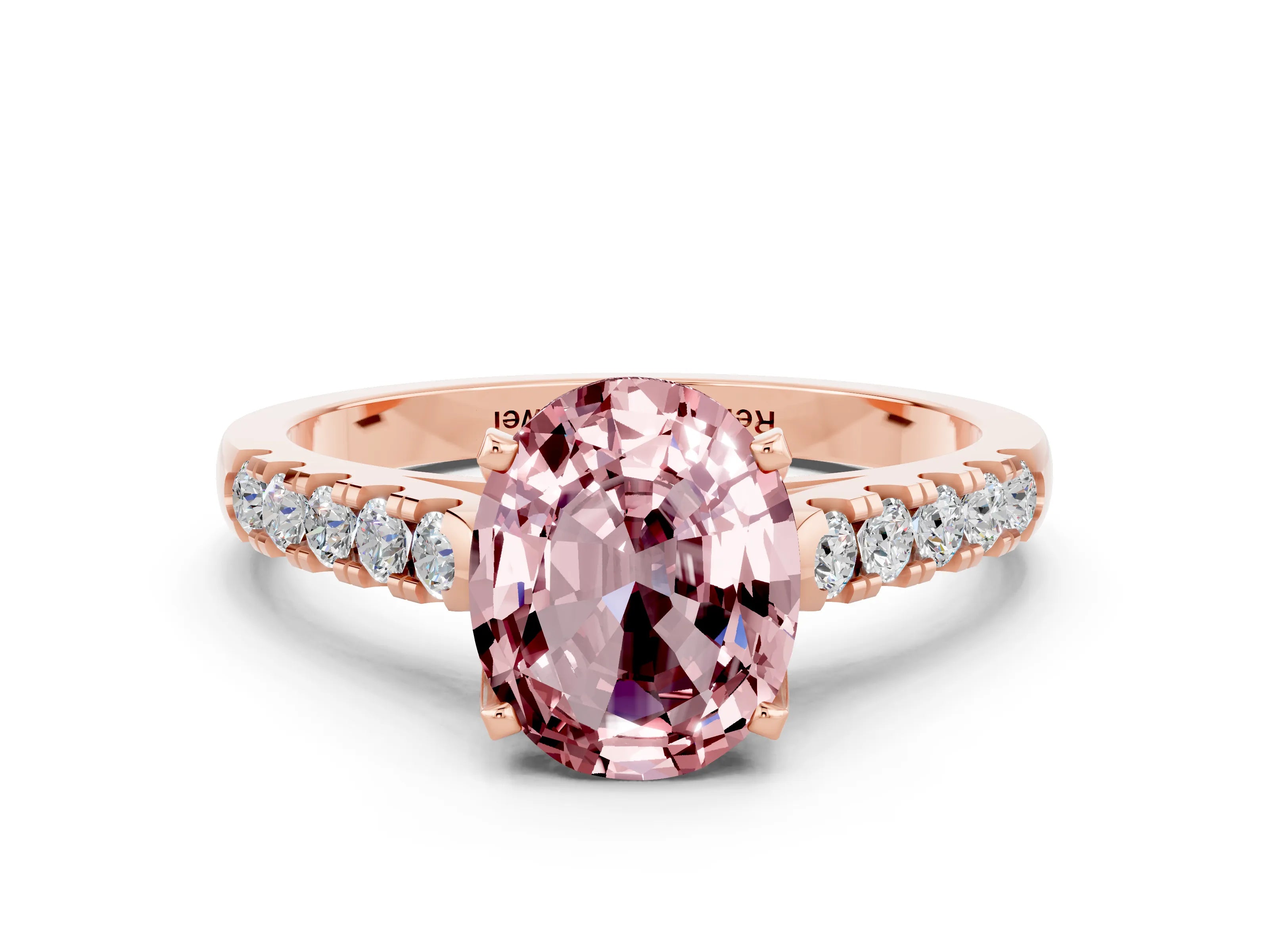 Rose gold {shape_name} Morganite Solitaire Ring with Pavé Band and Four-Prong Setting
