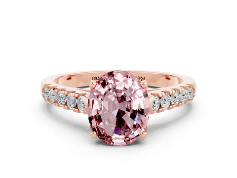 Rose gold {shape_name} Morganite Solitaire Ring with Pavé Band and Four-Prong Setting
