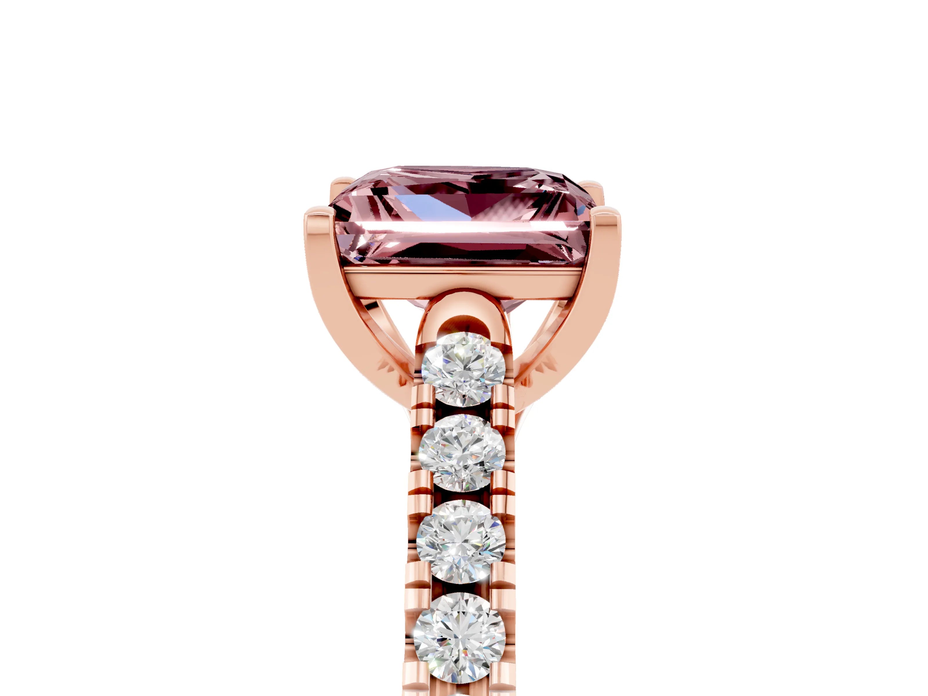 Rose gold {shape_name} Morganite Solitaire Ring with Pavé Band and Four-Prong Setting_5