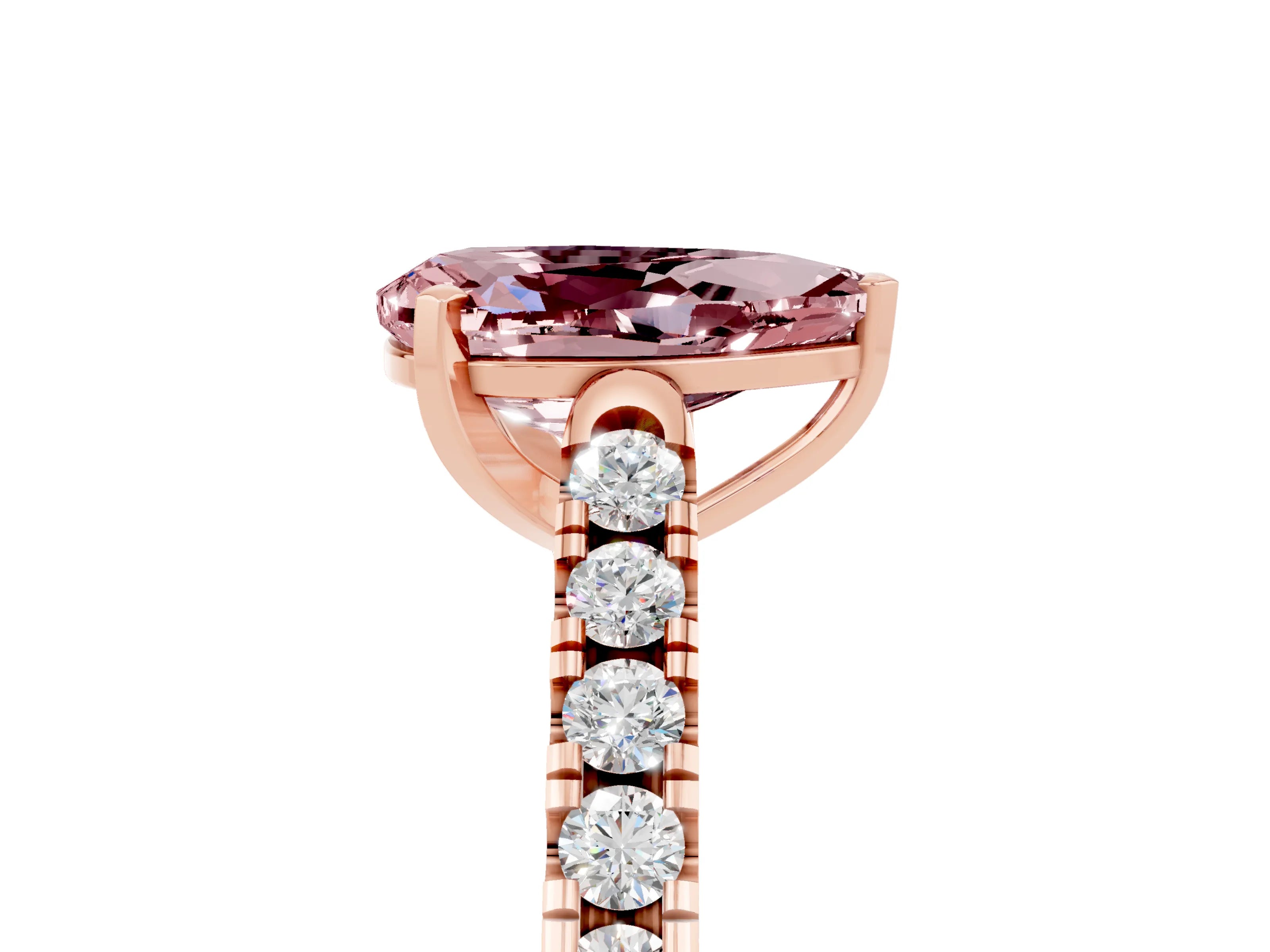Rose gold {shape_name} Morganite Solitaire Ring with Pavé Band and Four-Prong Setting_5