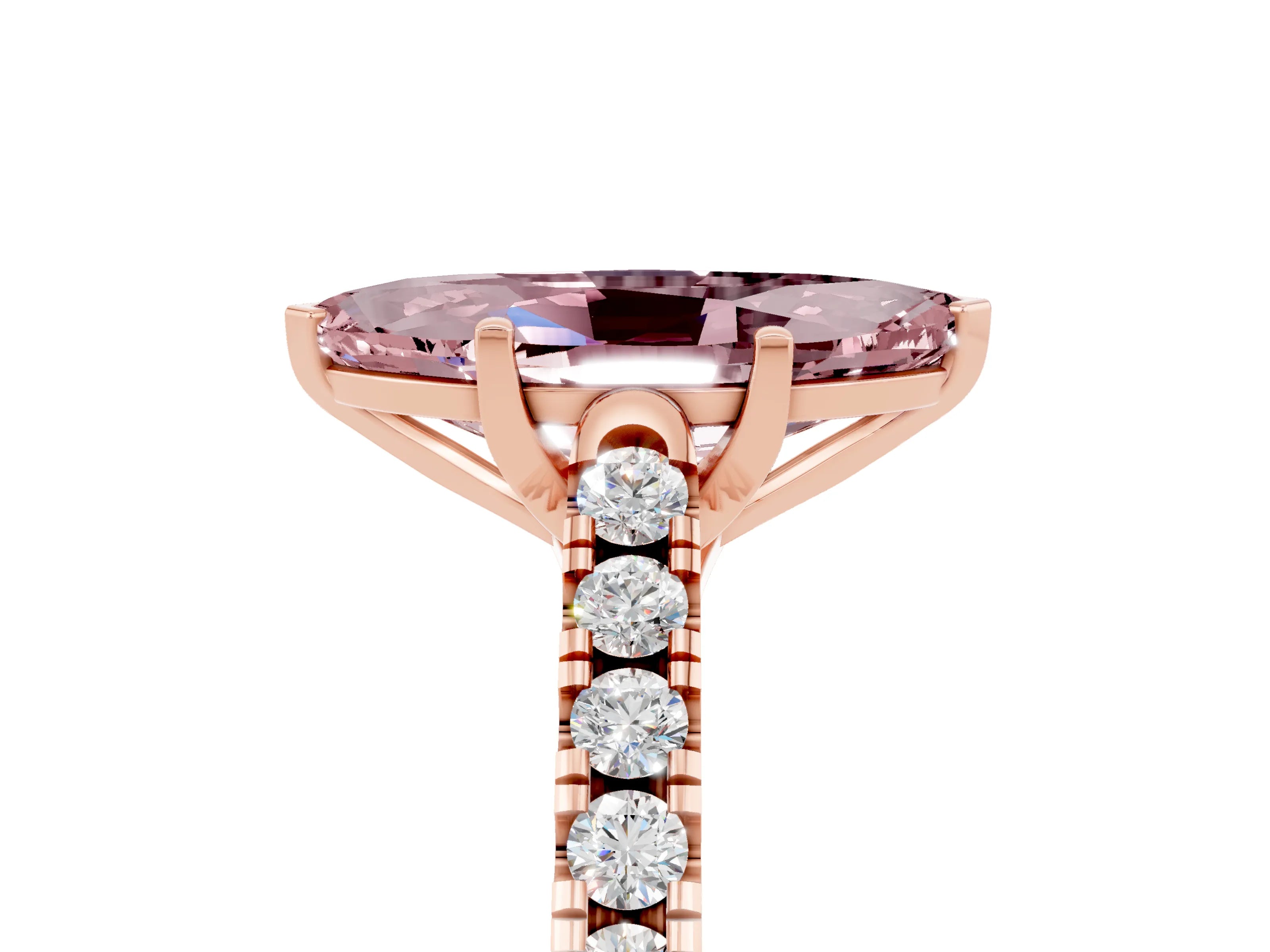 Rose gold {shape_name} Morganite Solitaire Ring with Pavé Band and Four-Prong Setting_5