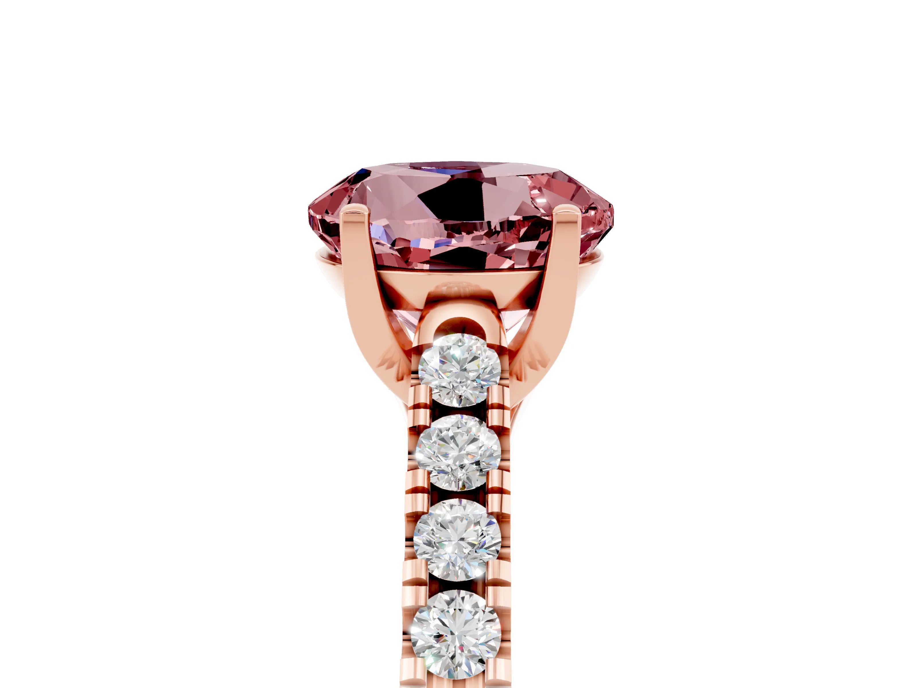 Rose gold {shape_name} Morganite Solitaire Ring with Pavé Band and Four-Prong Setting_5