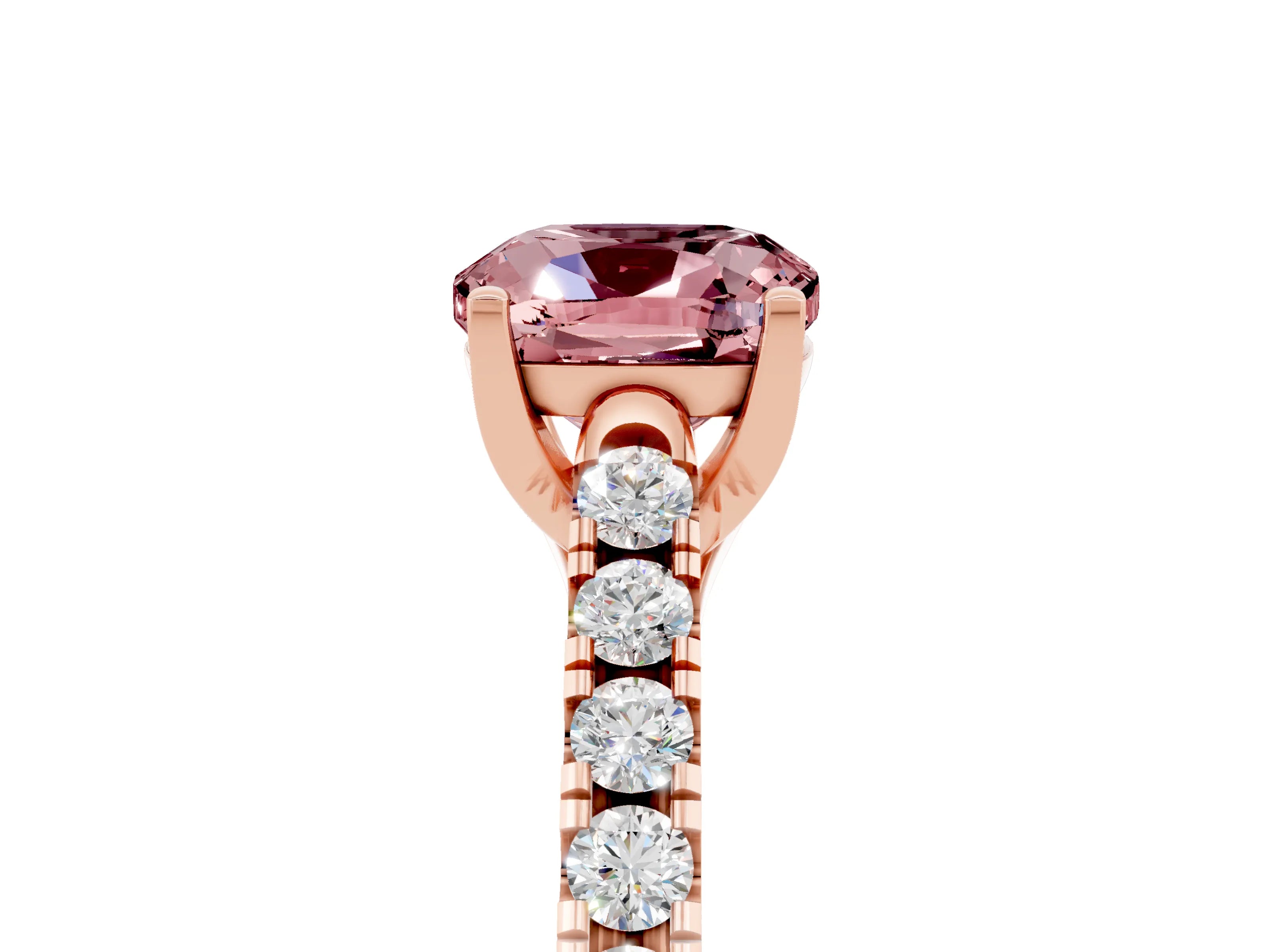 Rose gold {shape_name} Morganite Solitaire Ring with Pavé Band and Four-Prong Setting_5