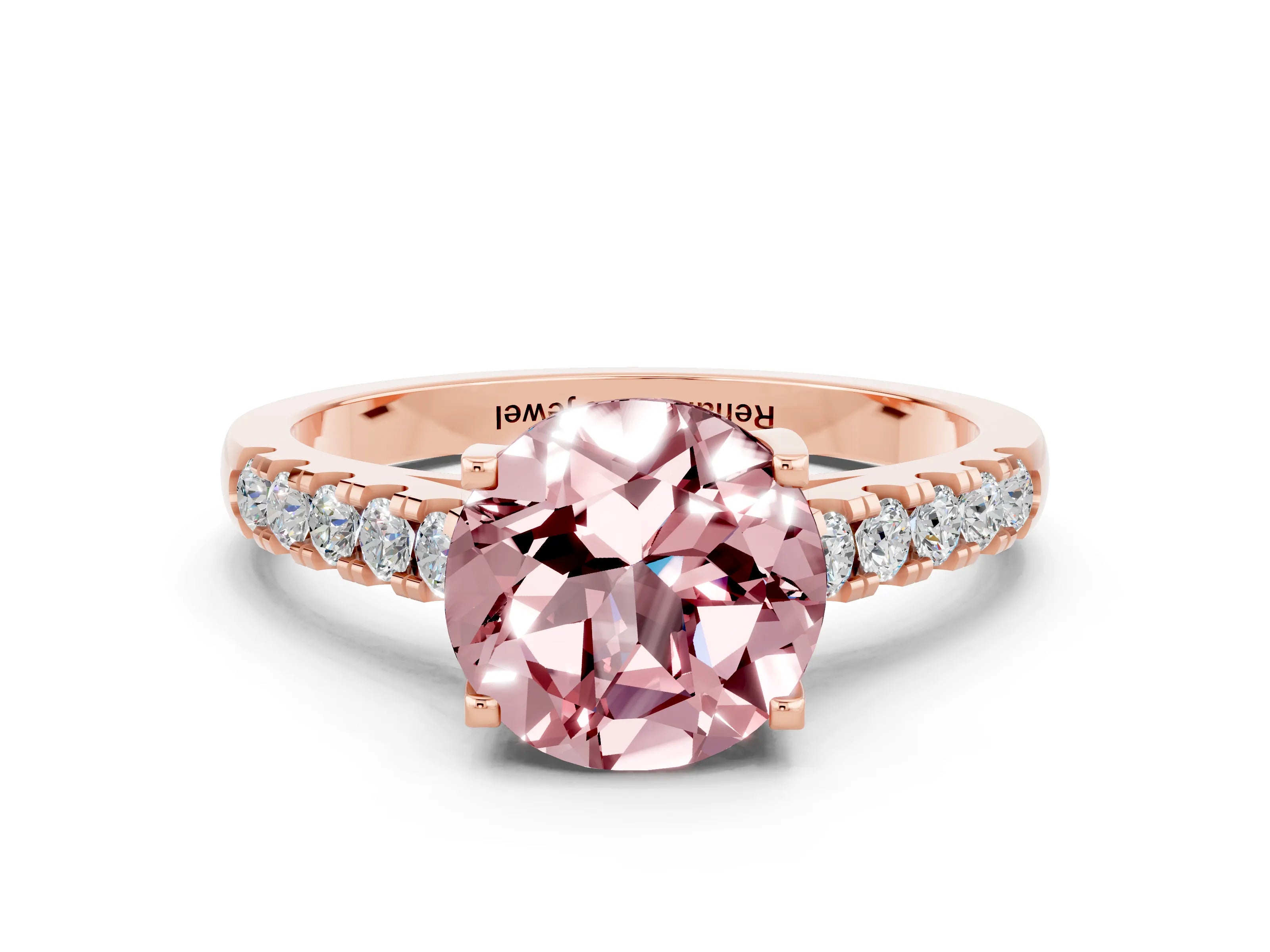 Rose gold {shape_name} Morganite Solitaire Ring with Pavé Band and Four-Prong Setting