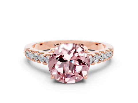 Rose gold {shape_name} Morganite Solitaire Ring with Pavé Band and Four-Prong Setting