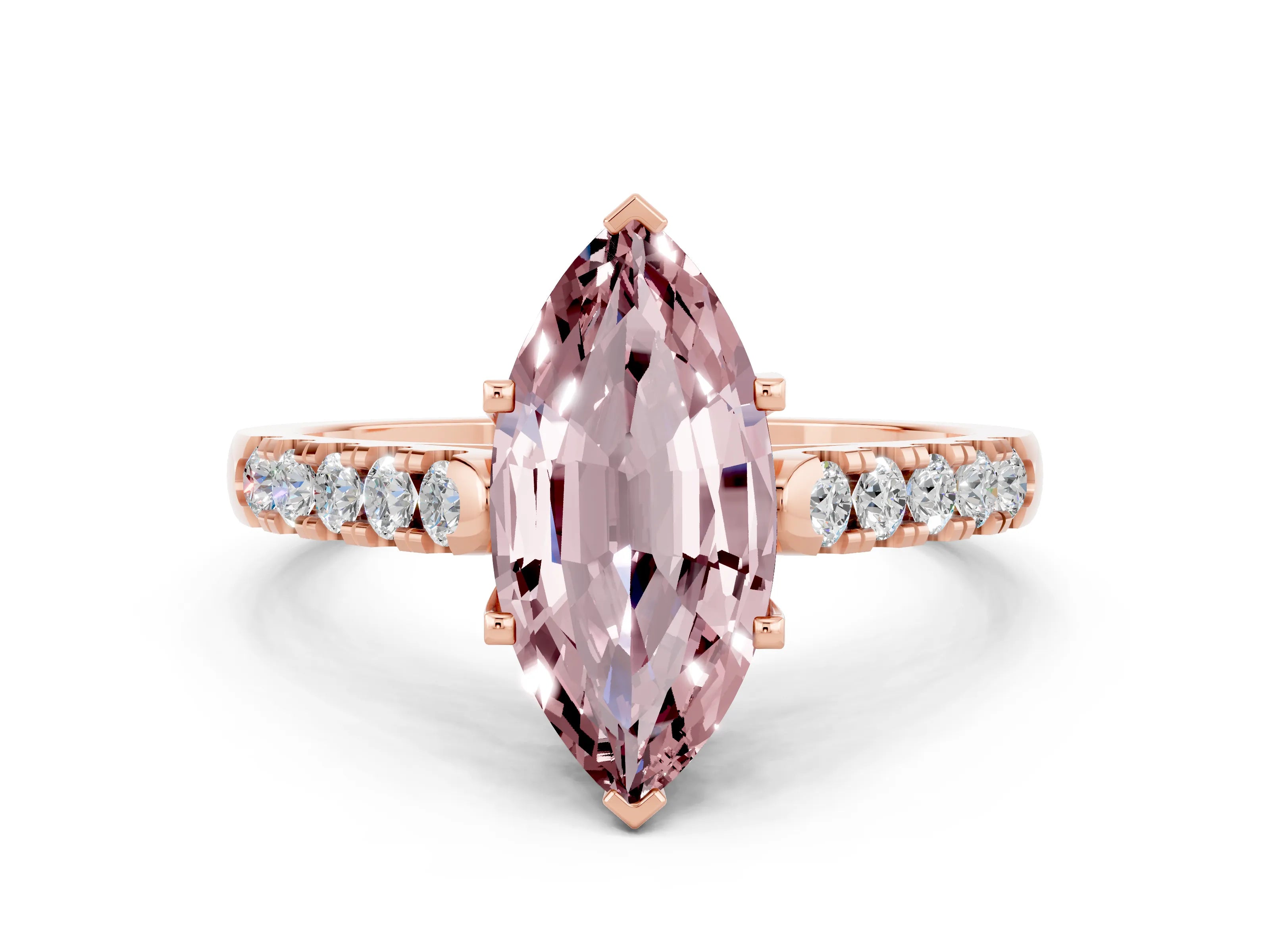 Rose gold {shape_name} Morganite Solitaire Ring with Pavé Band and Four-Prong Setting