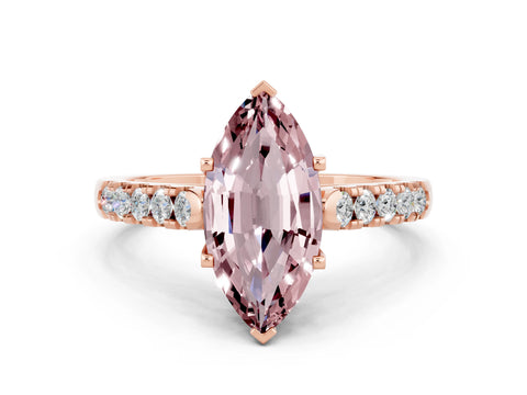 Rose gold {shape_name} Morganite Solitaire Ring with Pavé Band and Four-Prong Setting
