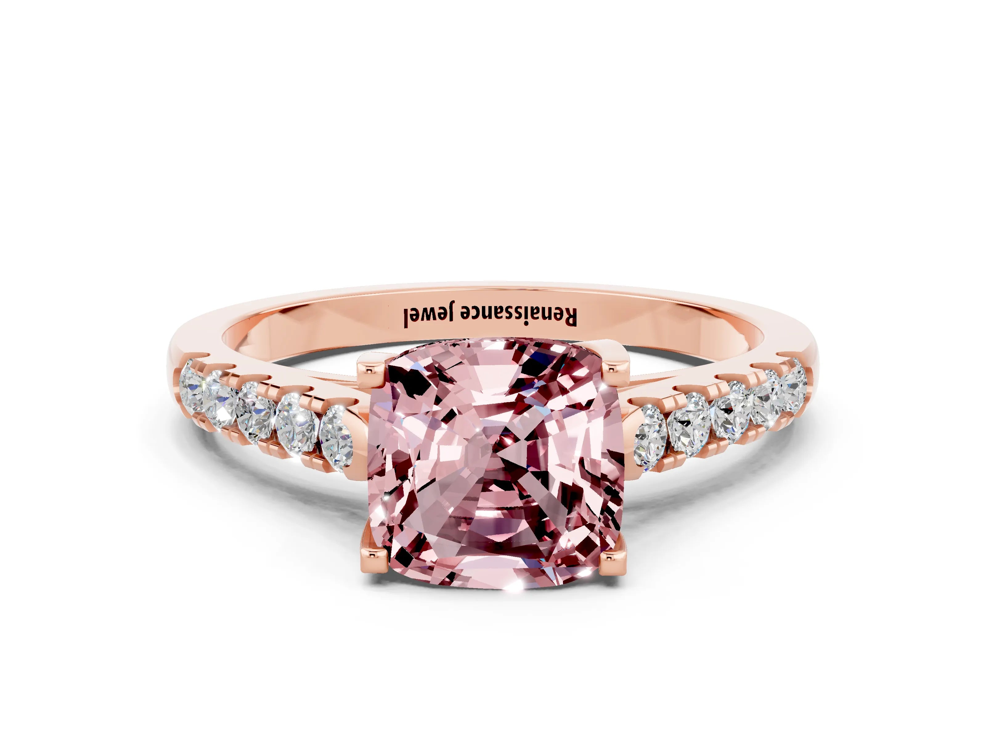 Rose gold {shape_name} Morganite Solitaire Ring with Pavé Band and Four-Prong Setting