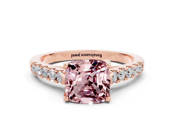 Rose gold Cushion Cut Morganite Pavé Band Solitaire Ring with Prong Setting