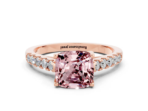 Rose gold {shape_name} Morganite Solitaire Ring with Pavé Band and Four-Prong Setting
