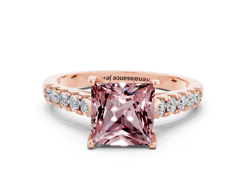 Rose gold {shape_name} Morganite Solitaire Ring with Pavé Band and Four-Prong Setting