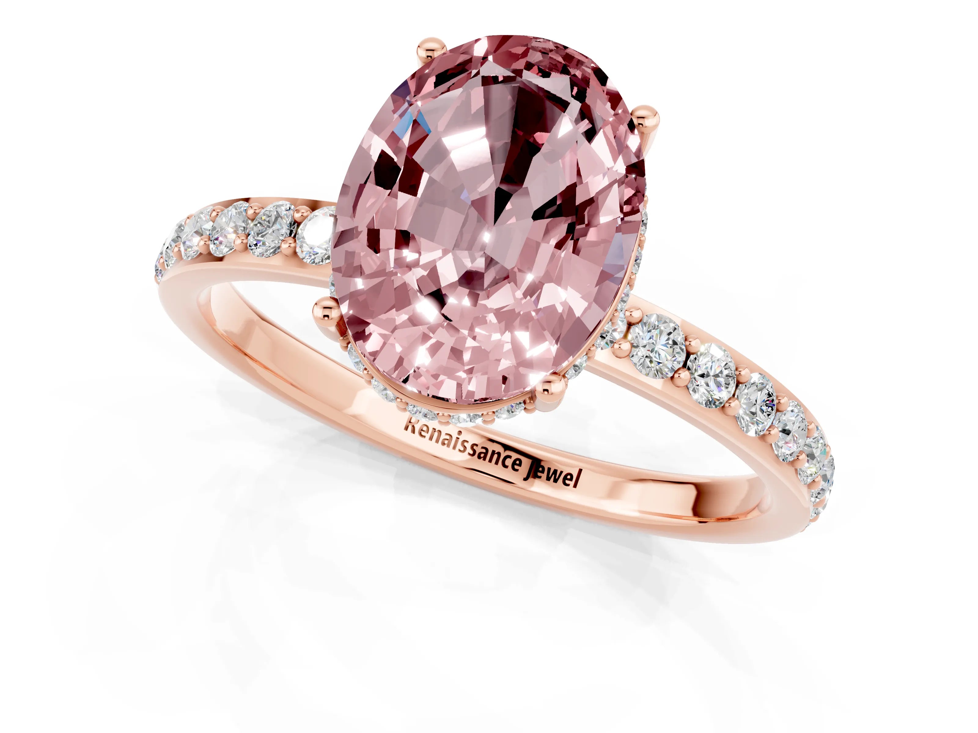Rose gold {shape_name} Morganite Solitaire Ring with Pavé Band and Hidden Halo_1