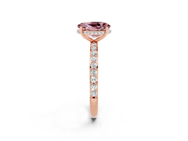 Rose gold Oval Cut Morganite Solitaire Ring with Pavé Band and Hidden Halo