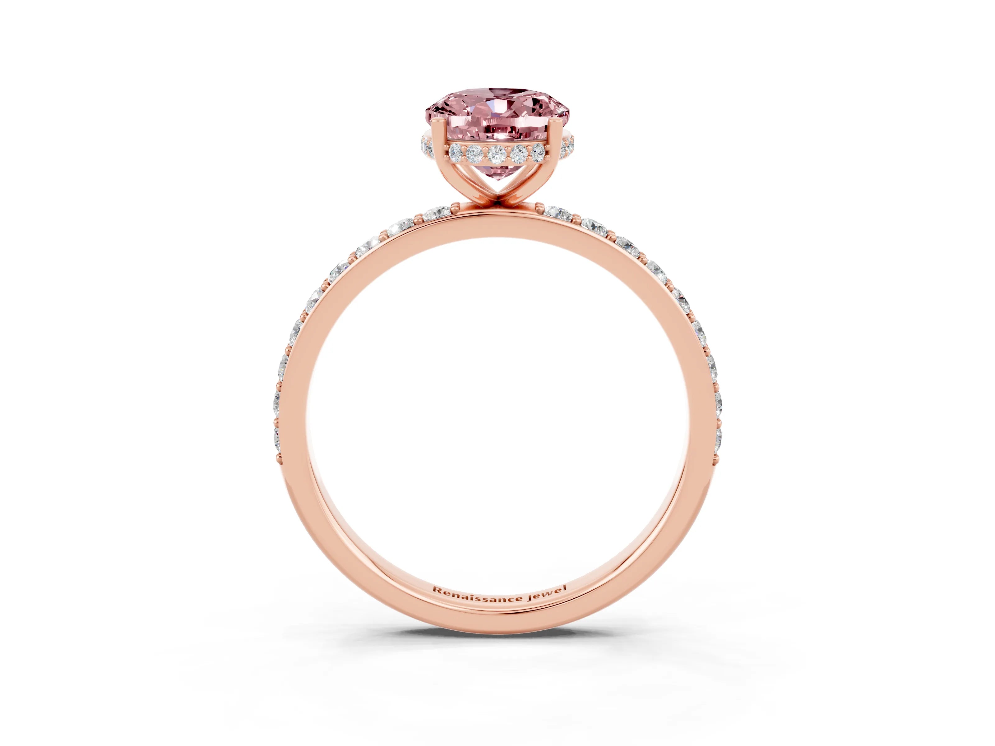 Rose gold {shape_name} Morganite Solitaire Ring with Pavé Band and Hidden Halo_3