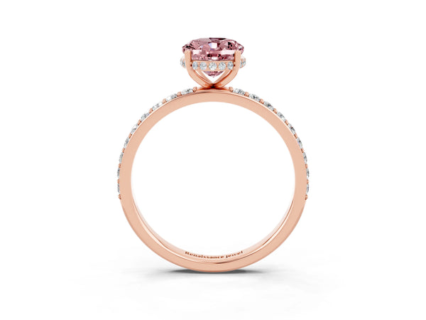 Rose gold Oval Cut Morganite Solitaire Ring with Pavé Band and Hidden Halo