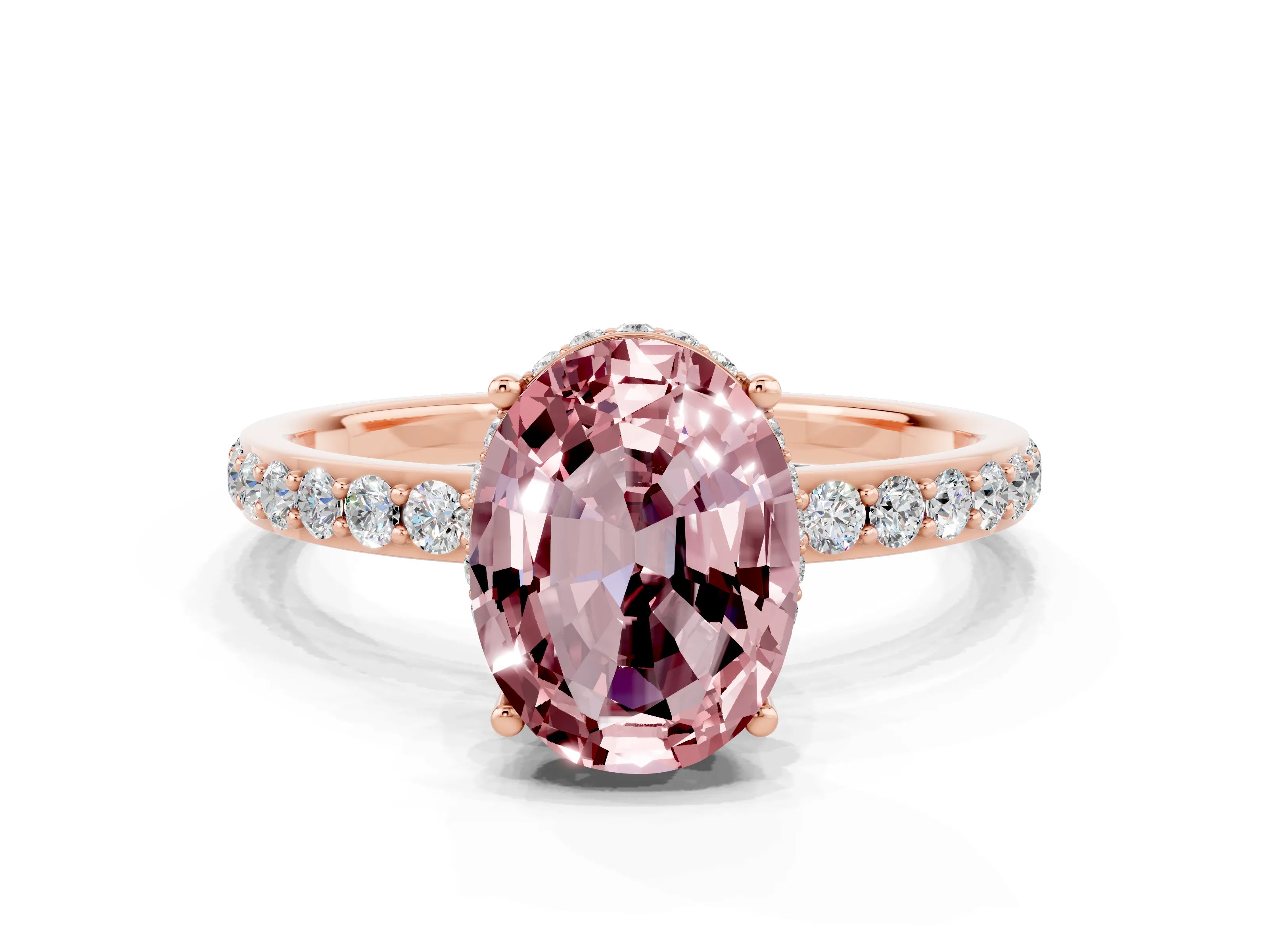 Rose gold {shape_name} Morganite Solitaire Ring with Pavé Band and Hidden Halo