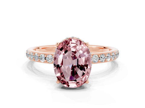 Rose gold {shape_name} Morganite Solitaire Ring with Pavé Band and Hidden Halo