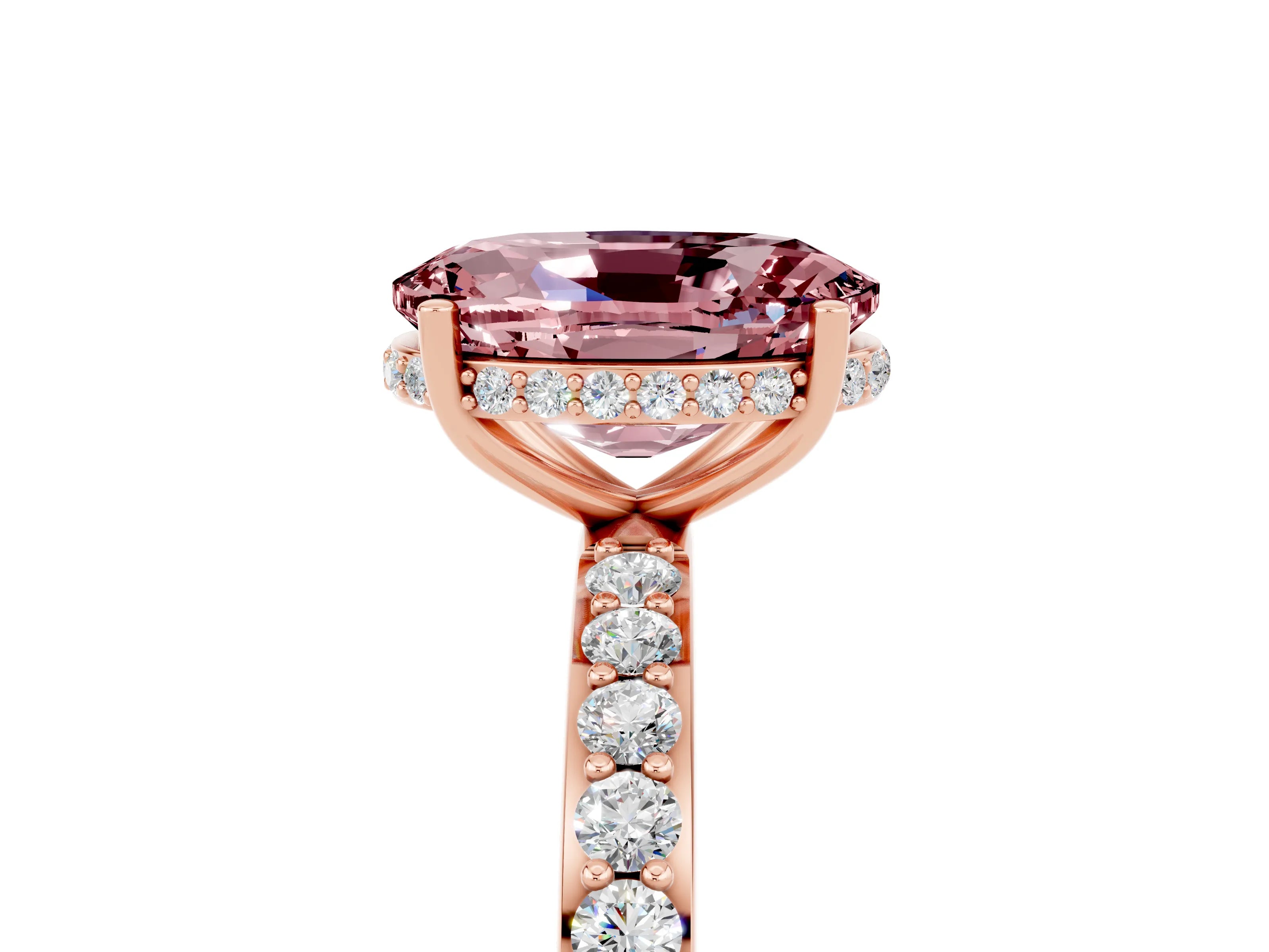 Rose gold {shape_name} Morganite Solitaire Ring with Pavé Band and Hidden Halo_5