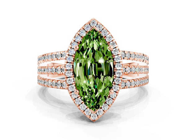 Rose gold Marquise Cut Peridot Halo Engagement Ring with Split Shank and Four-Prong Setting
