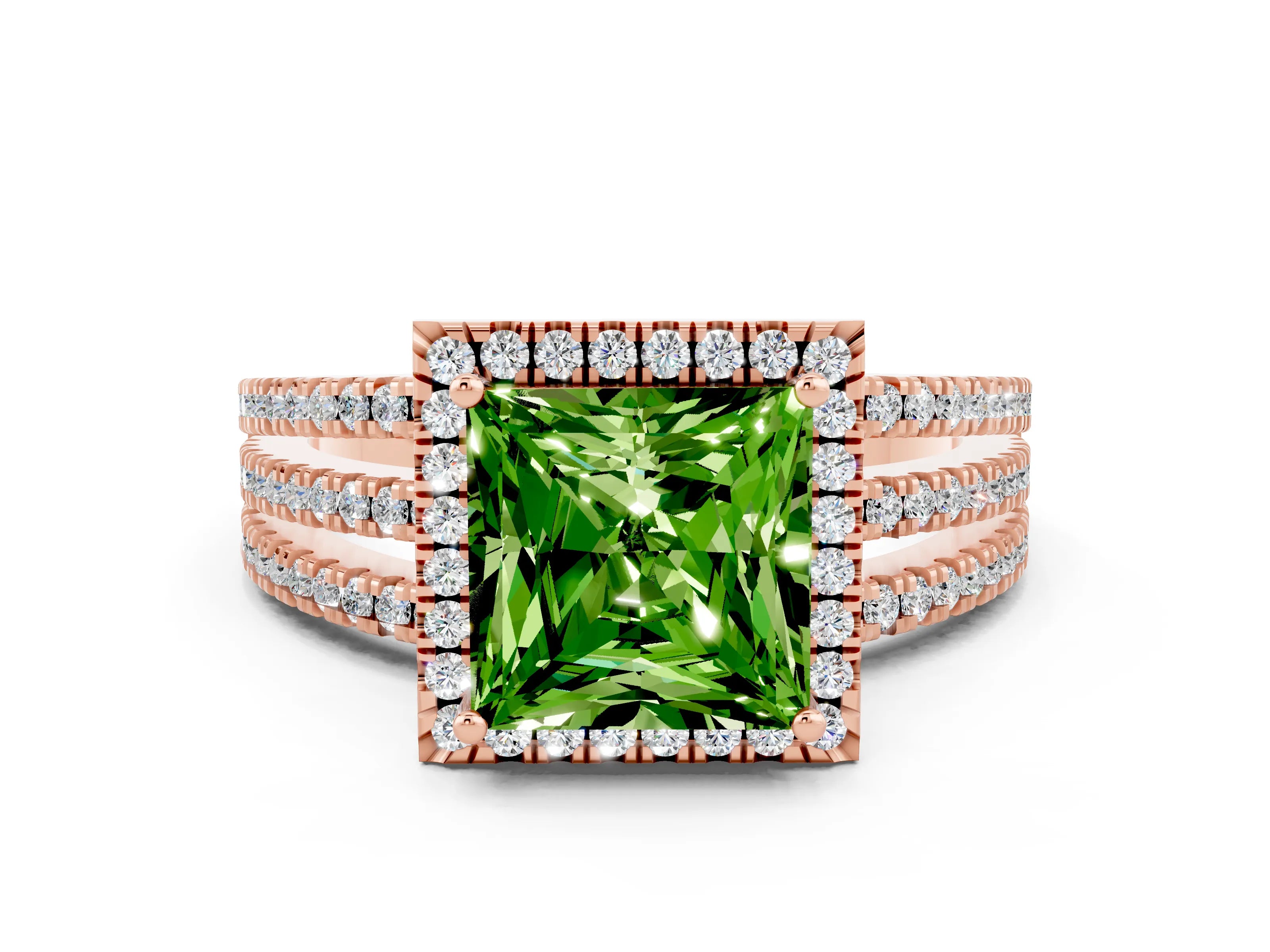 Rose gold {shape_name} Peridot Halo Engagement Ring with Split Shank and Four-Prong Setting