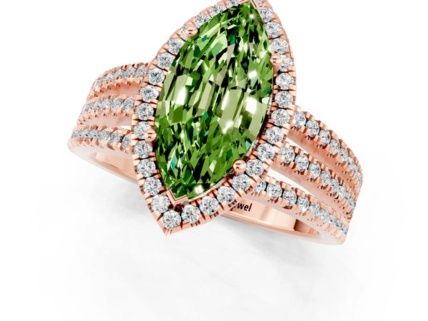 Rose gold Marquise Cut Peridot Halo Engagement Ring with Split Shank and Four-Prong Setting
