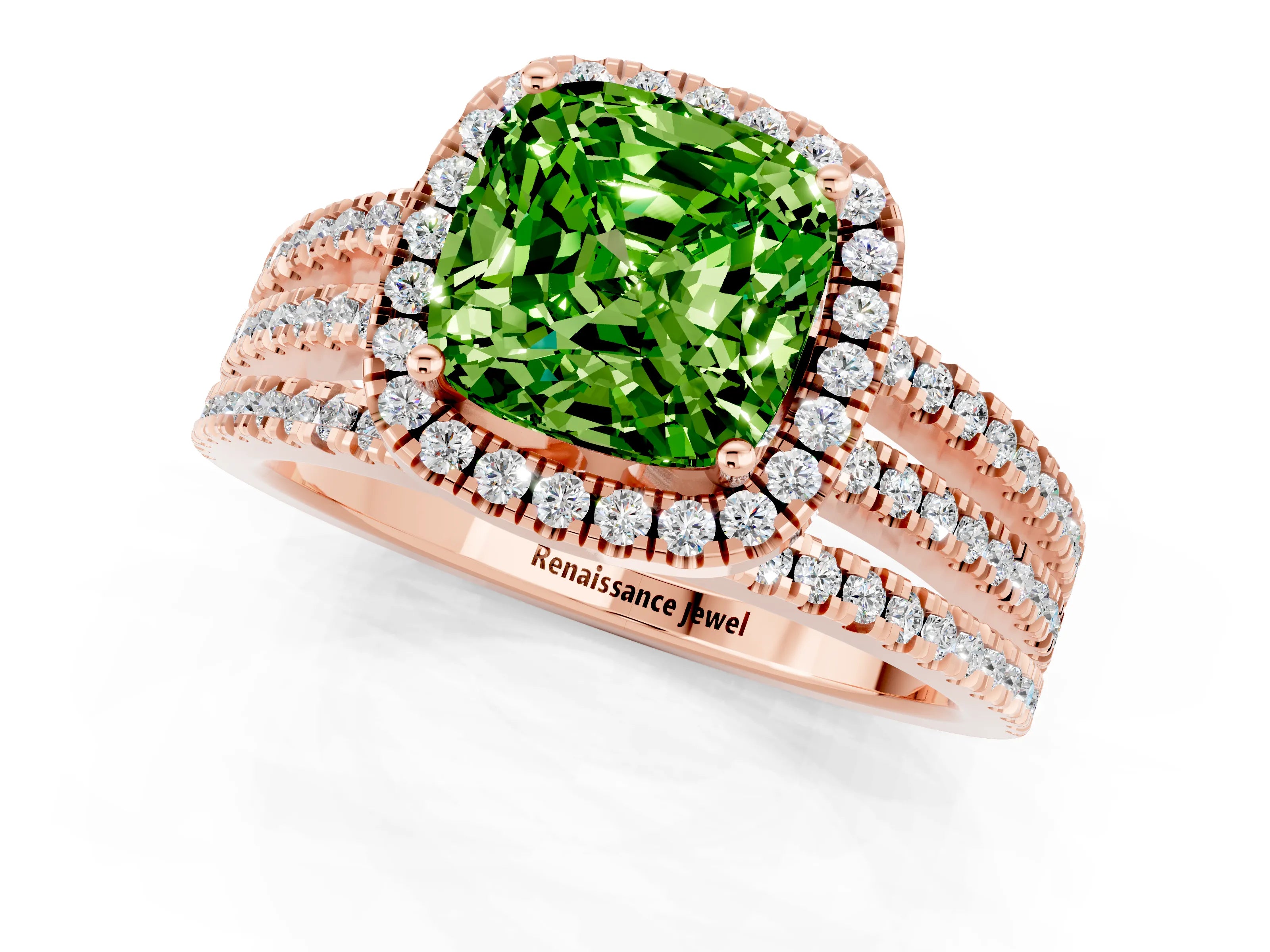 Rose gold {shape_name} Peridot Halo Engagement Ring with Split Shank and Four-Prong Setting_1