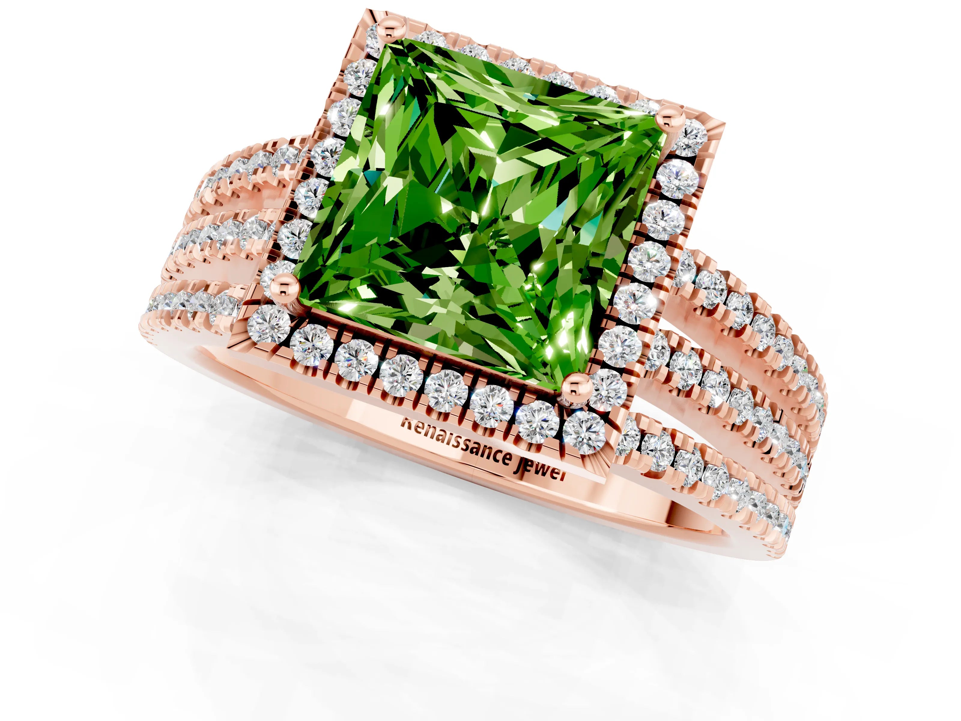Rose gold {shape_name} Peridot Halo Engagement Ring with Split Shank and Four-Prong Setting_1
