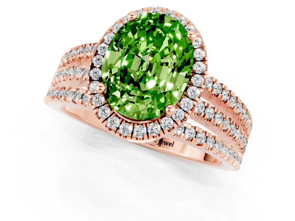 Rose gold Oval Cut Peridot Halo Engagement Ring with Split Shank and Four-Prong Setting