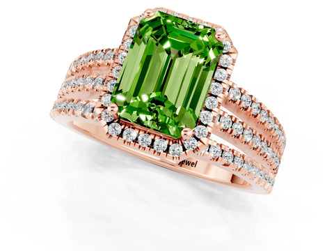 Rose gold {shape_name} Peridot Halo Engagement Ring with Split Shank and Four-Prong Setting_1