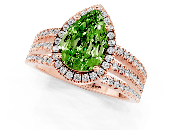 Rose gold Pear Cut Peridot Halo Engagement Ring with Split Shank and Four-Prong Setting