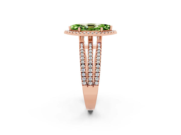 Rose gold Marquise Cut Peridot Halo Engagement Ring with Split Shank and Four-Prong Setting