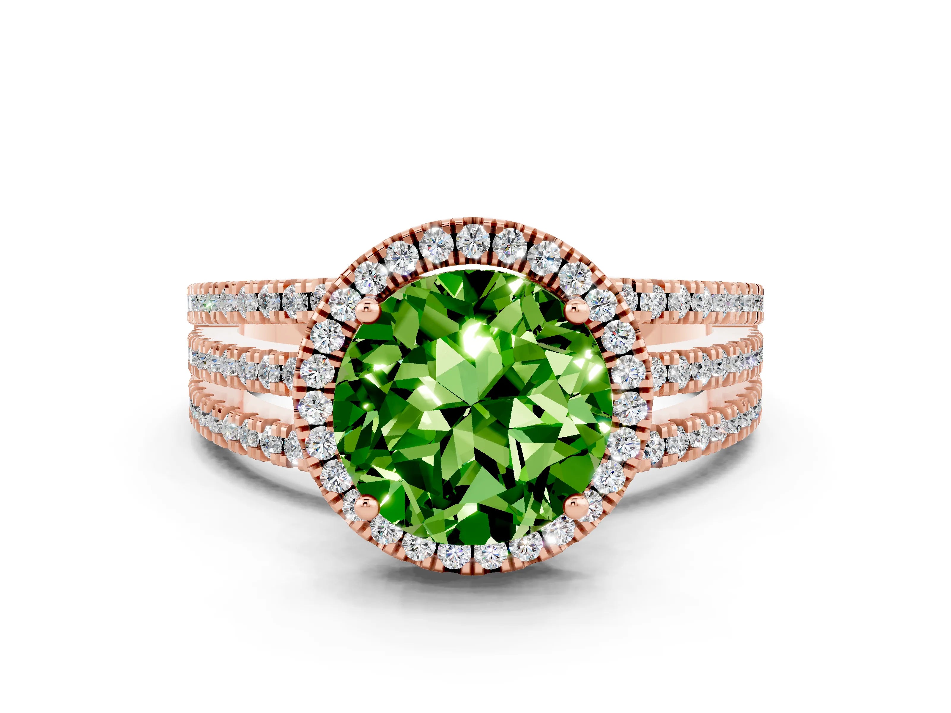 Rose gold {shape_name} Peridot Halo Engagement Ring with Split Shank and Four-Prong Setting