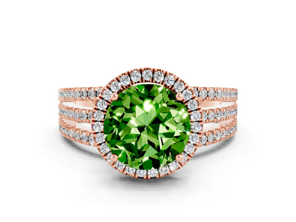 Rose gold Round Cut Peridot Halo Engagement Ring with Split Shank and Four-Prong Setting