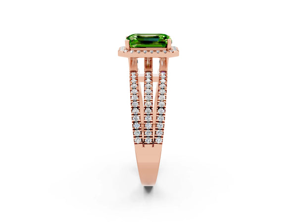 Rose gold Emerald Cut Peridot Halo Engagement Ring with Split Shank and Four-Prong Setting