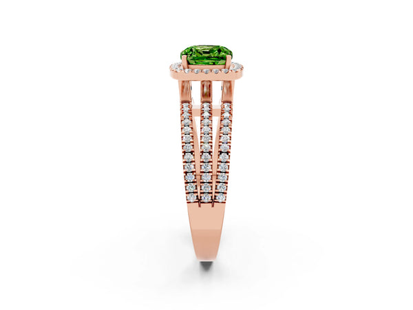 Rose gold Cushion Cut Peridot Halo Engagement Ring with Split Shank and Four-Prong Setting