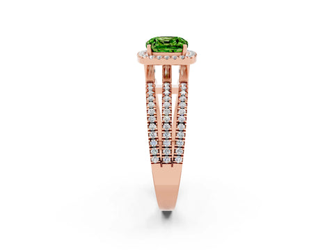 Rose gold {shape_name} Peridot Halo Engagement Ring with Split Shank and Four-Prong Setting_2