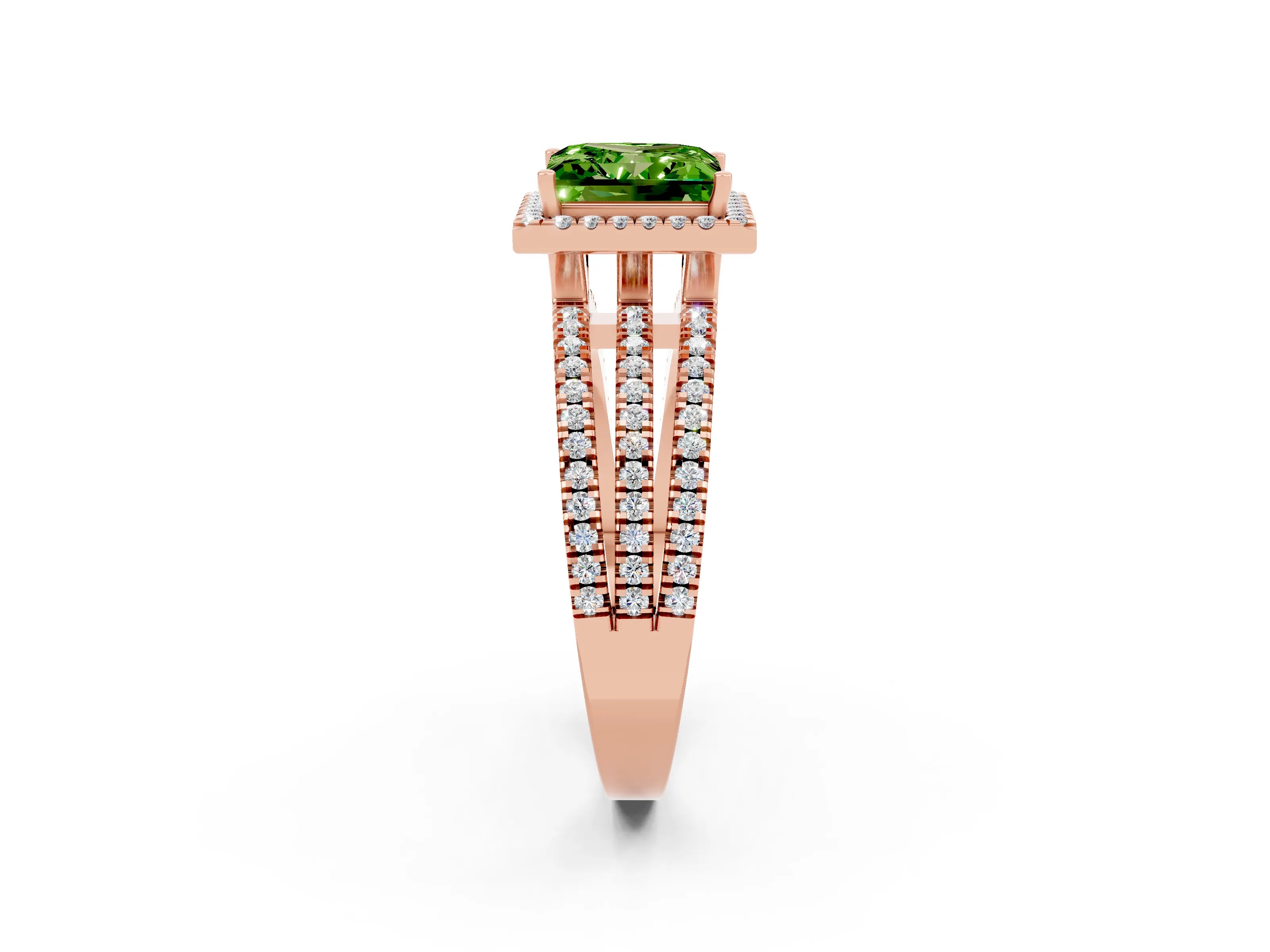 Rose gold {shape_name} Peridot Halo Engagement Ring with Split Shank and Four-Prong Setting_2