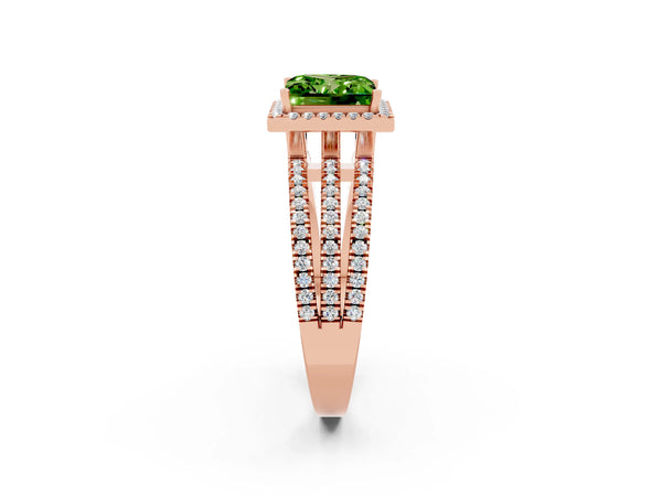 Rose gold Princess Cut Peridot Halo Engagement Ring with Split Shank and Four-Prong Setting