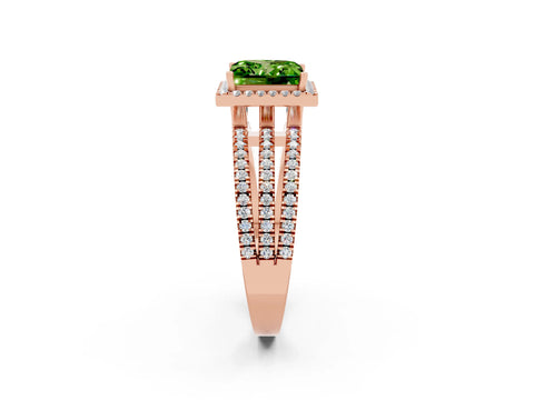 Rose gold {shape_name} Peridot Halo Engagement Ring with Split Shank and Four-Prong Setting_2