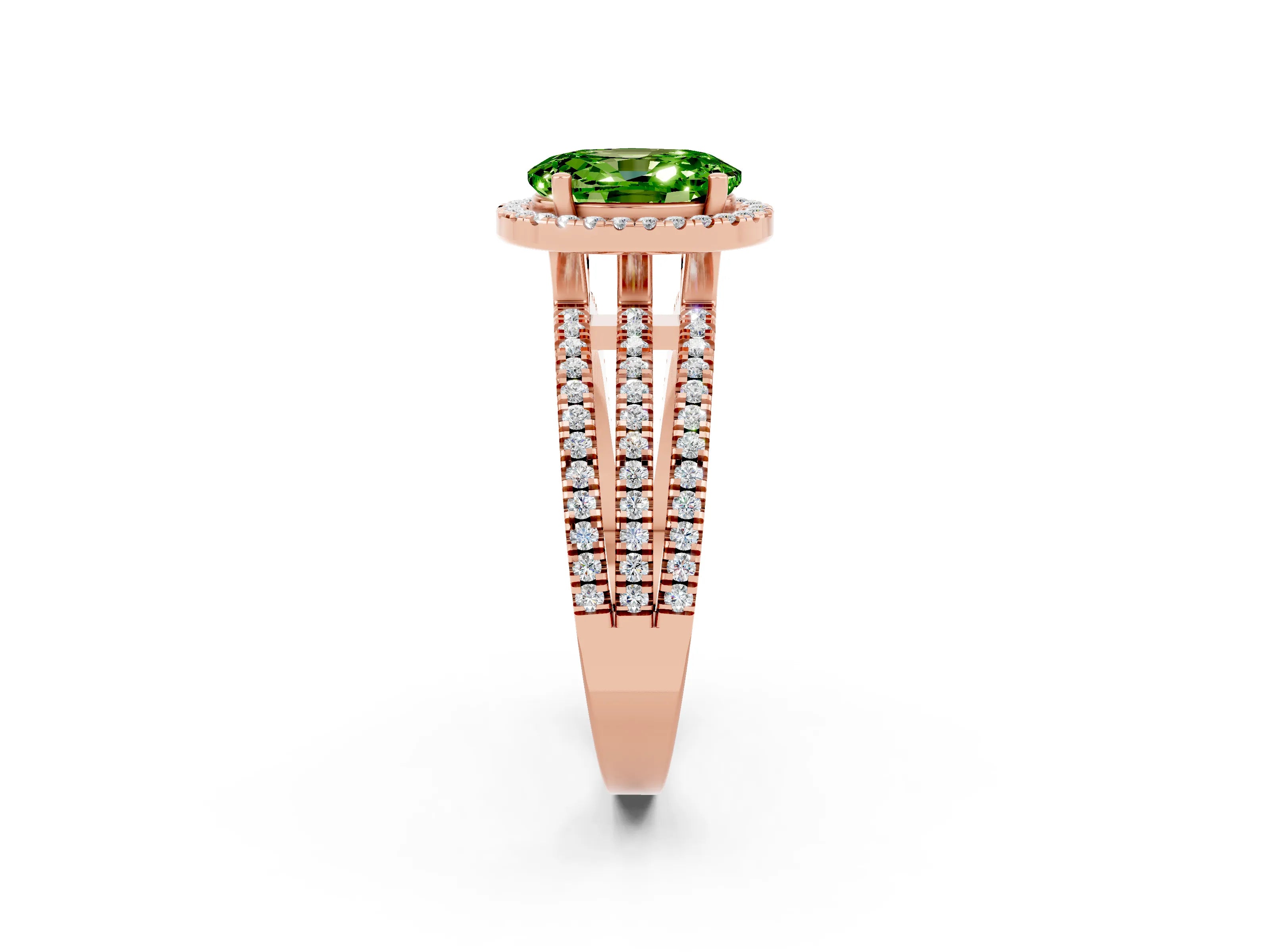 Rose gold {shape_name} Peridot Halo Engagement Ring with Split Shank and Four-Prong Setting_2