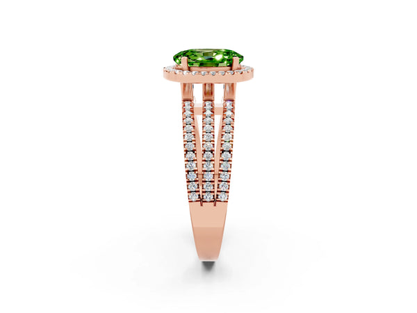 Rose gold Oval Cut Peridot Halo Engagement Ring with Split Shank and Four-Prong Setting