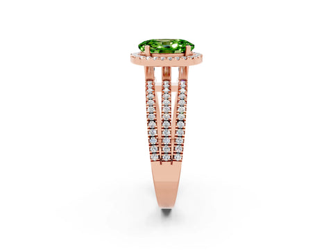 Rose gold {shape_name} Peridot Halo Engagement Ring with Split Shank and Four-Prong Setting_2