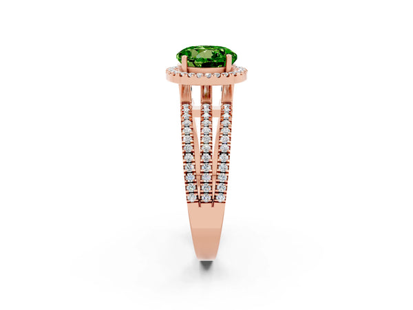 Rose gold Round Cut Peridot Halo Engagement Ring with Split Shank and Four-Prong Setting