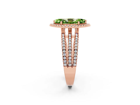 Rose gold {shape_name} Peridot Halo Engagement Ring with Split Shank and Four-Prong Setting_2