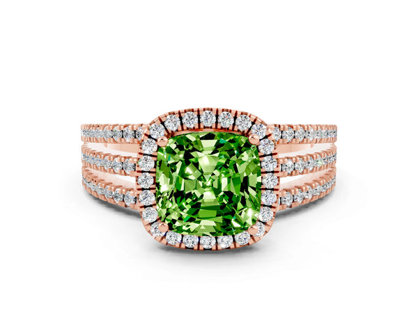 Rose gold Cushion Cut Peridot Halo Engagement Ring with Split Shank and Four-Prong Setting