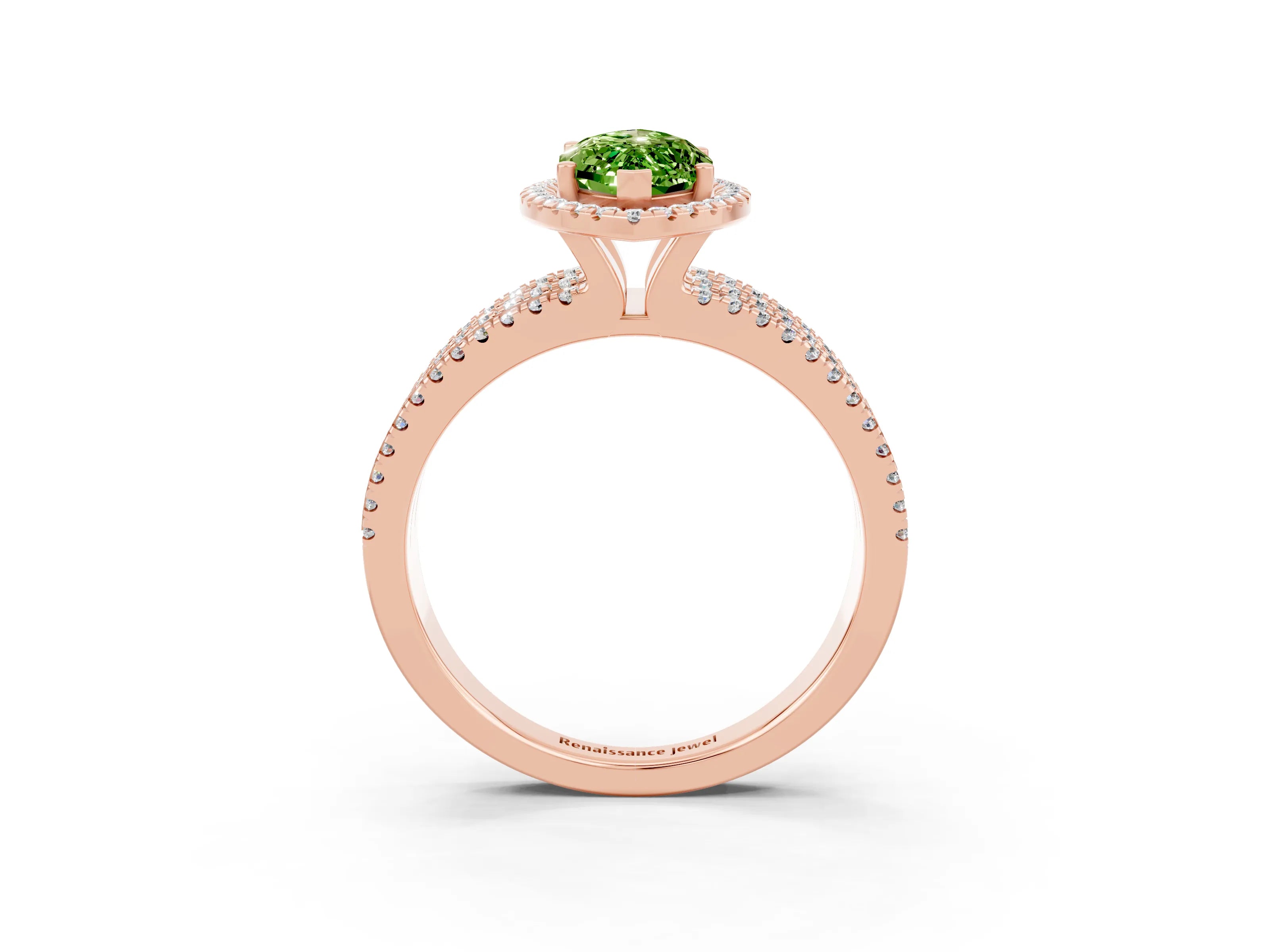 Rose gold {shape_name} Peridot Halo Engagement Ring with Split Shank and Four-Prong Setting_3