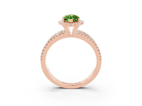 Rose gold Marquise Cut Peridot Halo Engagement Ring with Split Shank and Four-Prong Setting
