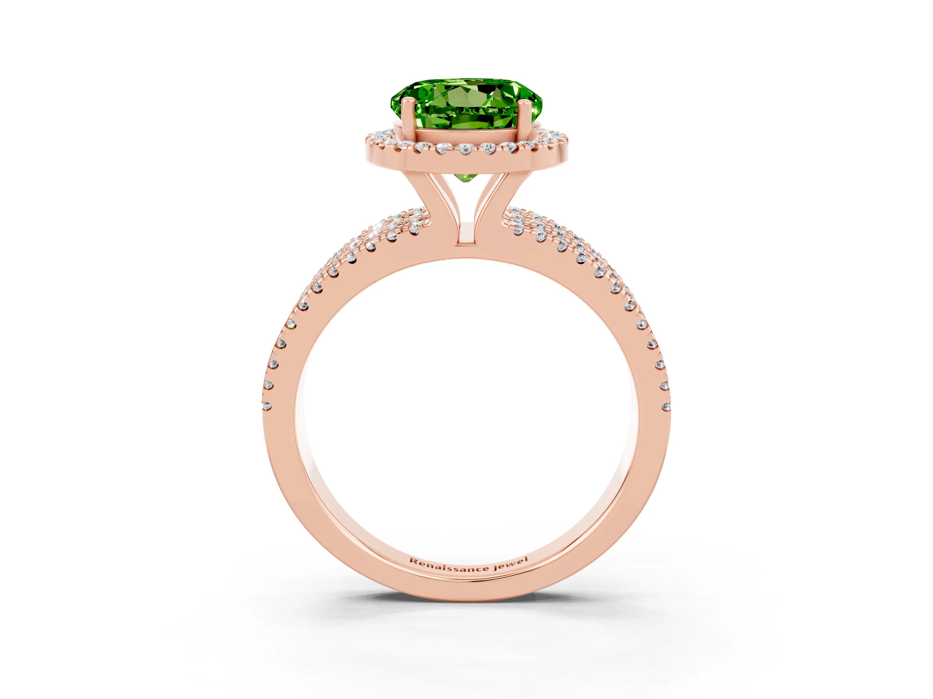 Rose gold {shape_name} Peridot Halo Engagement Ring with Split Shank and Four-Prong Setting_3